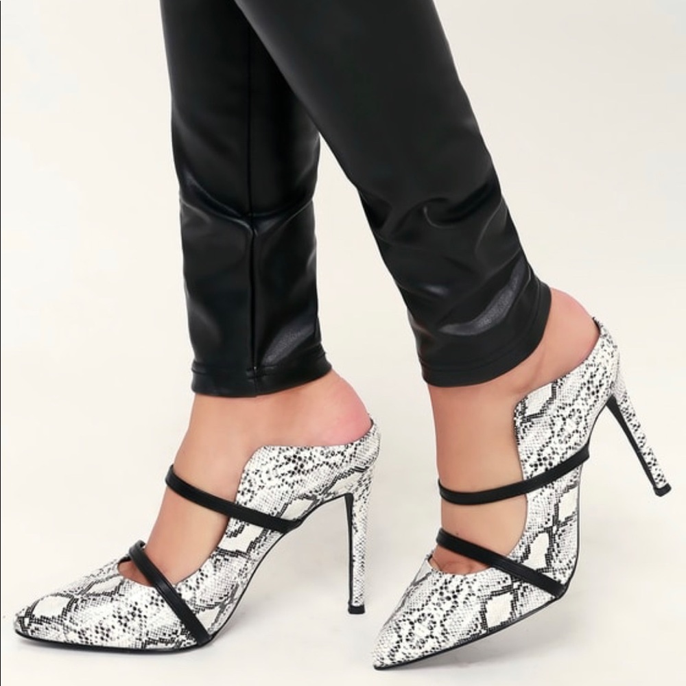 Lulus Exclusive! NEW! Snake and Black Pointed Toe High Heel Mules!